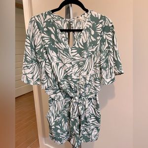 Tyche Watercolor Leaf Romper Green and White